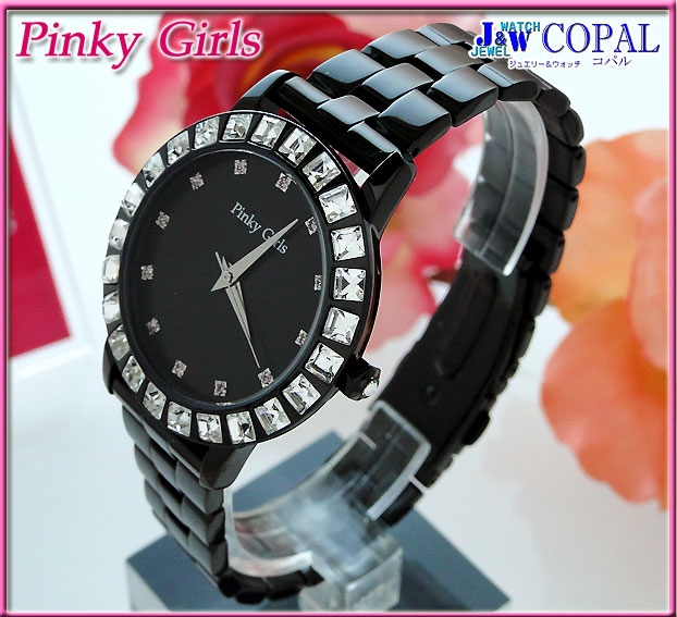 Pinky Girls☆ブラックにクリスタルが映える腕時計（ピンキーガールズ×読者モデル水野佐彩プロデュースのブラックウォッチ）＜FCWK984＞